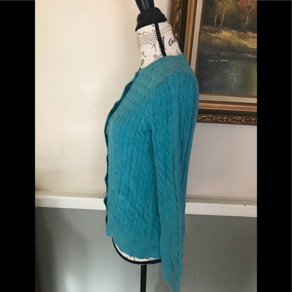 Lands’End Aqua Blue Ribbed Cardigan Sweater M/P - Picture 4 of 6